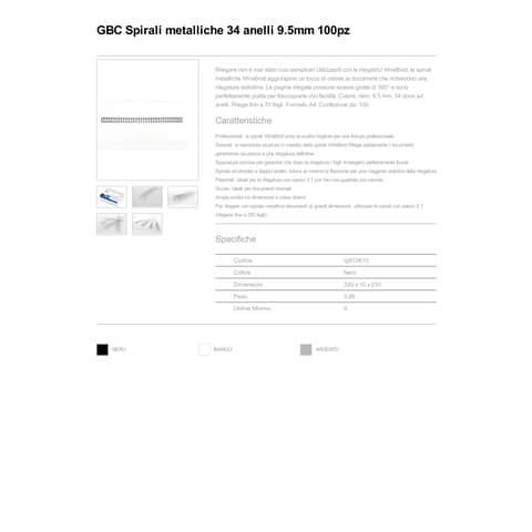 Spirali metalliche a 34 anelli GBC Wirebind 9 mm a4 nero conf da 100 spirali - RG810610